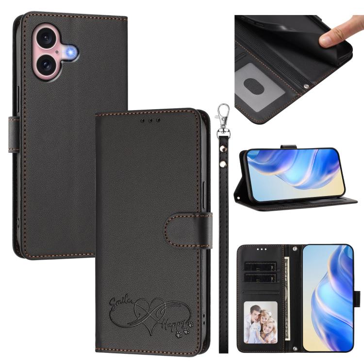Custodia per telefono in ecopelle con chiusura magnetica e cinturino da polso, con motivo a cuoricini felici., For iPhone 16, For iPhone 15 Pro Max