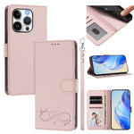 Custodia per telefono in ecopelle con chiusura magnetica e cinturino da polso, con motivo a cuoricini felici., For iPhone 15 Pro, For iPhone 15 Plus