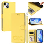 Custodia per telefono in ecopelle con chiusura magnetica e cinturino da polso, con motivo a cuoricini felici., For iPhone 15 Pro, For iPhone 15 Plus