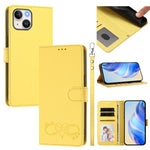 Custodia per telefono in ecopelle con chiusura magnetica e cinturino da polso, con motivo a cuoricini felici., For iPhone 15, For iPhone 14 Plus