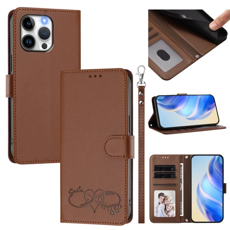 Custodia per telefono in ecopelle con chiusura magnetica e cinturino da polso, con motivo a cuoricini felici., For iPhone 14 Pro Max, For iPhone 13 Pro Max