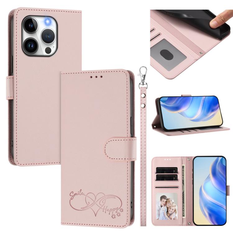 Custodia per telefono in ecopelle con chiusura magnetica e cinturino da polso, con motivo a cuoricini felici., For iPhone 14 / 13, For iPhone 14 Pro