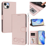 Custodia per telefono in ecopelle con chiusura magnetica e cinturino da polso, con motivo a cuoricini felici., For iPhone 15, For iPhone 14 Plus