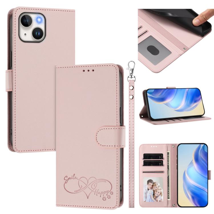 Custodia per telefono in ecopelle con chiusura magnetica e cinturino da polso, con motivo a cuoricini felici., For iPhone 14 / 13, For iPhone 14 Pro