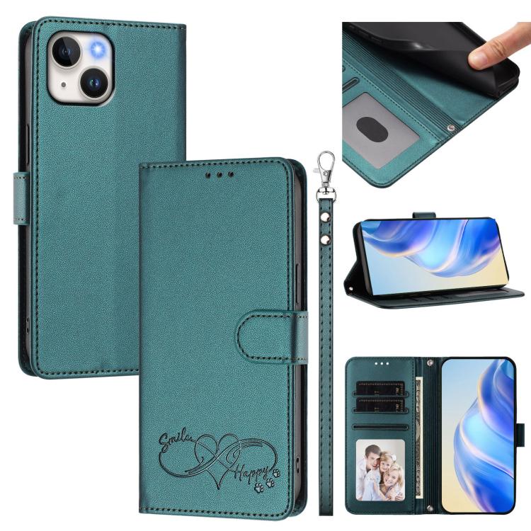 Custodia per telefono in ecopelle con chiusura magnetica e cinturino da polso, con motivo a cuoricini felici., For iPhone 14 / 13, For iPhone 14 Pro