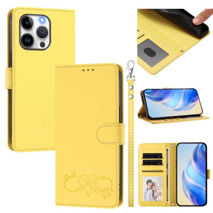 Custodia per telefono in ecopelle con chiusura magnetica e cinturino da polso, con motivo a cuoricini felici., For iPhone 13 Pro, For iPhone 12 / 12 Pro