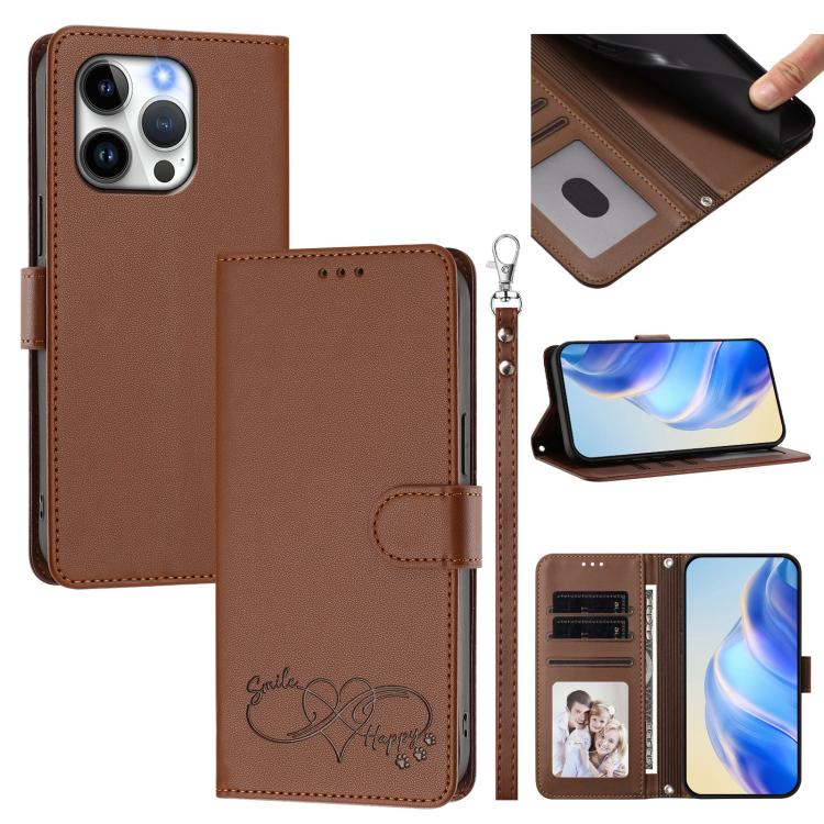 Custodia per telefono in ecopelle con chiusura magnetica e cinturino da polso, con motivo a cuoricini felici., For iPhone 13 Pro, For iPhone 12 / 12 Pro