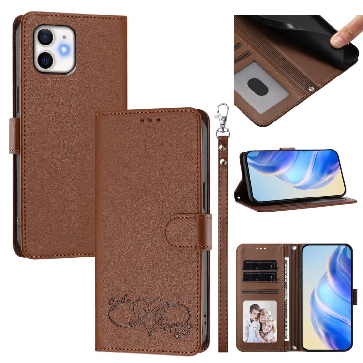 Custodia per telefono in ecopelle con chiusura magnetica e cinturino da polso, con motivo a cuoricini felici., For iPhone 13 Pro, For iPhone 12 / 12 Pro