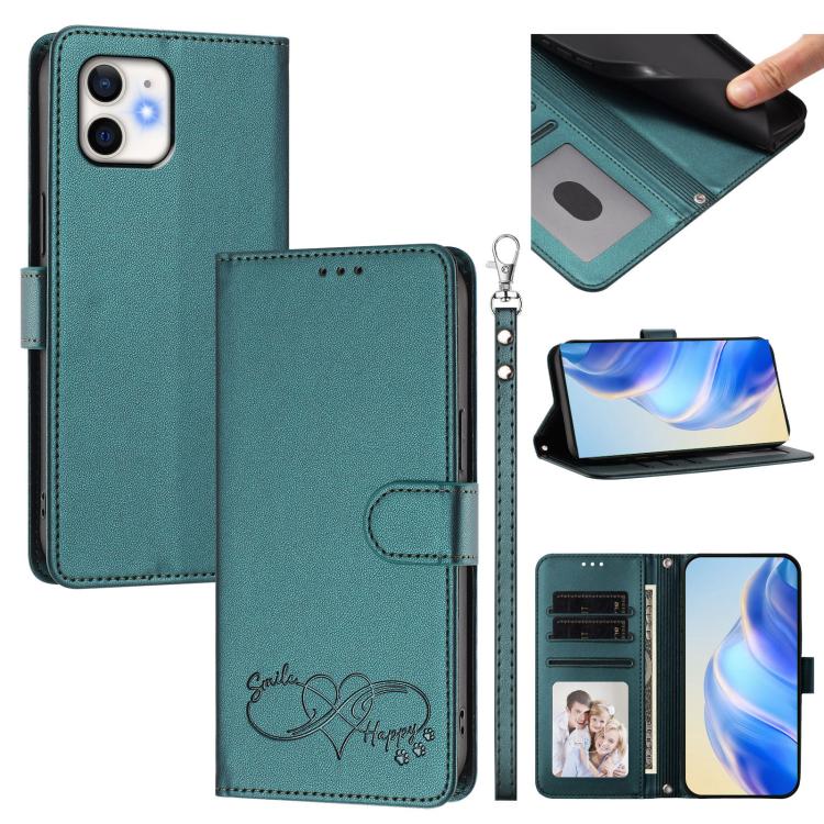 Custodia per telefono in ecopelle con chiusura magnetica e cinturino da polso, con motivo a cuoricini felici., For iPhone 13 Pro, For iPhone 12 / 12 Pro