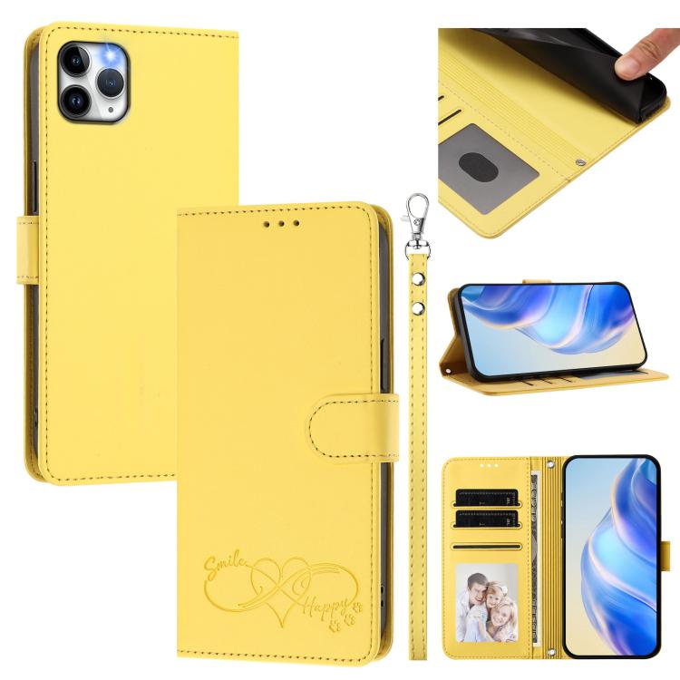 Custodia per telefono in ecopelle con chiusura magnetica e cinturino da polso, con motivo a cuoricini felici., For iPhone 12 Pro Max, For iPhone 11 Pro Max