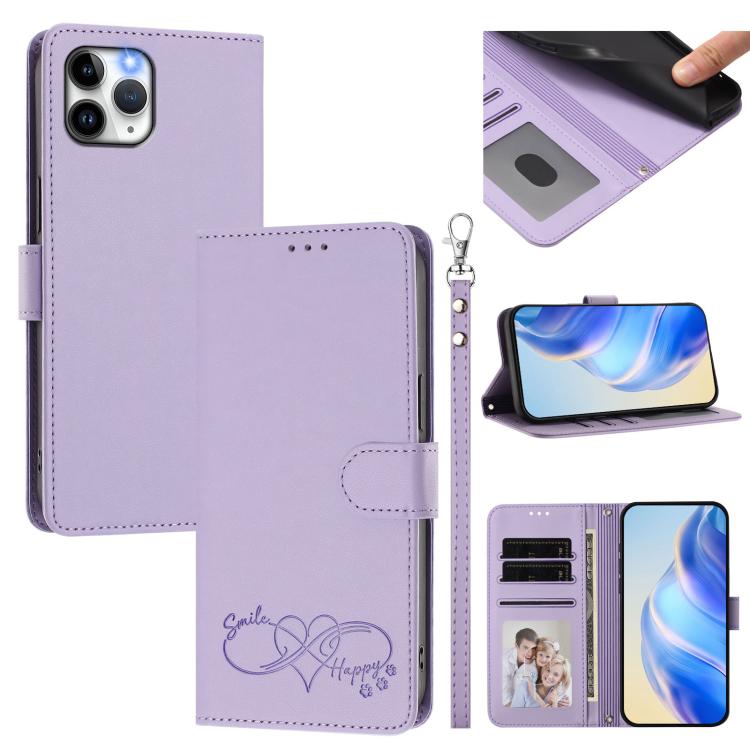 Custodia per telefono in ecopelle con chiusura magnetica e cinturino da polso, con motivo a cuoricini felici., For iPhone 11, For iPhone 11 Pro