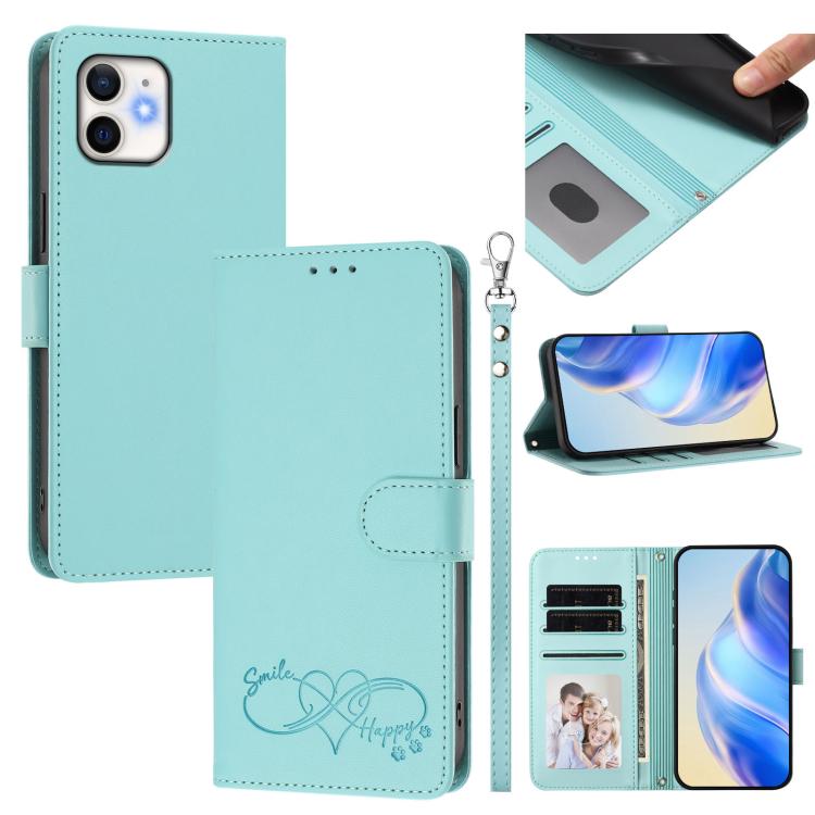 Custodia per telefono in ecopelle con chiusura magnetica e cinturino da polso, con motivo a cuoricini felici., For iPhone 11, For iPhone 11 Pro