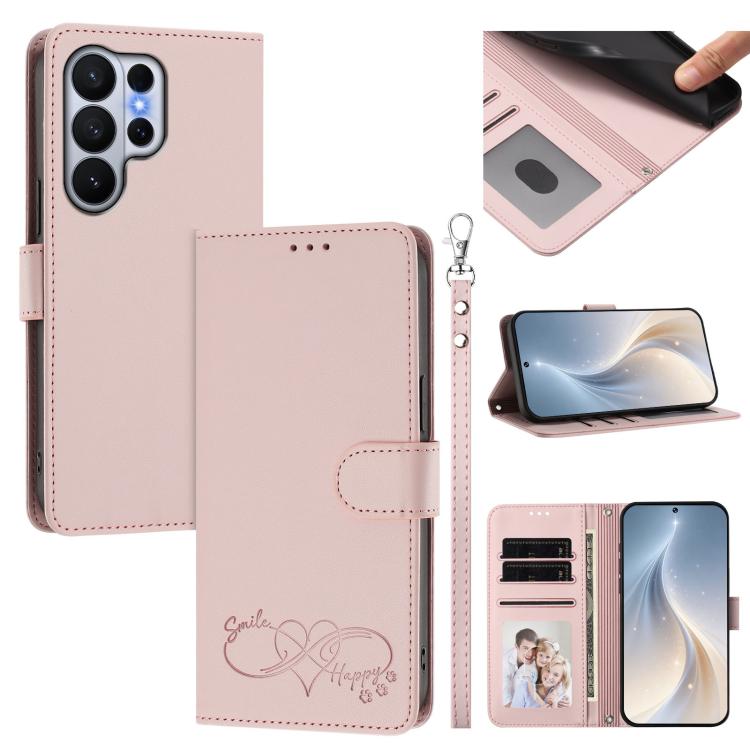Custodia per telefono in ecopelle con chiusura magnetica e cinturino da polso, con motivo a cuoricini felici., For Galaxy S26 Edge 5G, For Galaxy S26 Ultra 5G