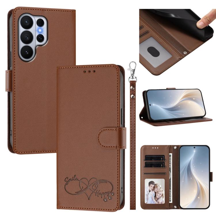 Custodia per telefono in ecopelle con chiusura magnetica e cinturino da polso, con motivo a cuoricini felici., For Galaxy S26 Edge 5G, For Galaxy S26 Ultra 5G