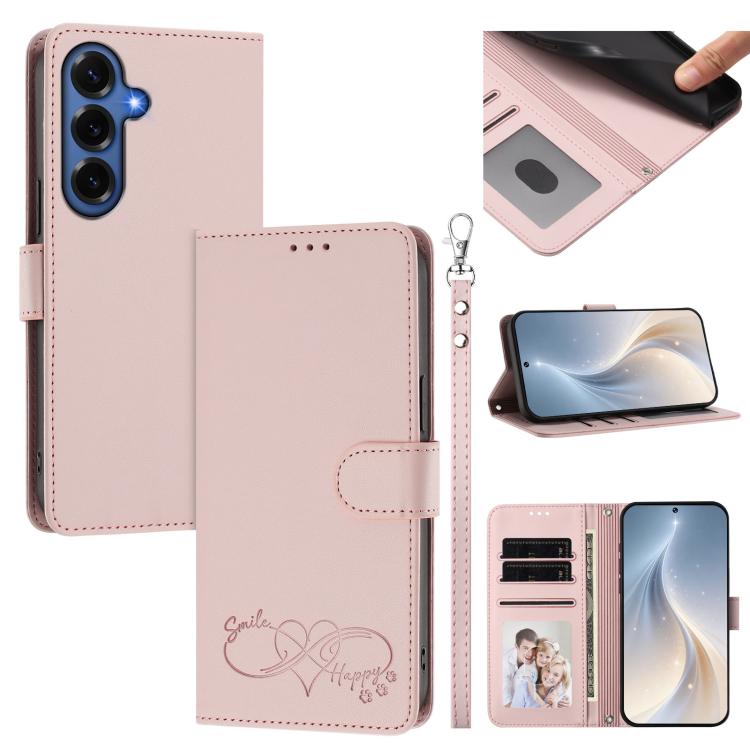 Custodia per telefono in ecopelle con chiusura magnetica e cinturino da polso, con motivo a cuoricini felici., For Galaxy S26 FE 5G, For Galaxy S26+ 5G