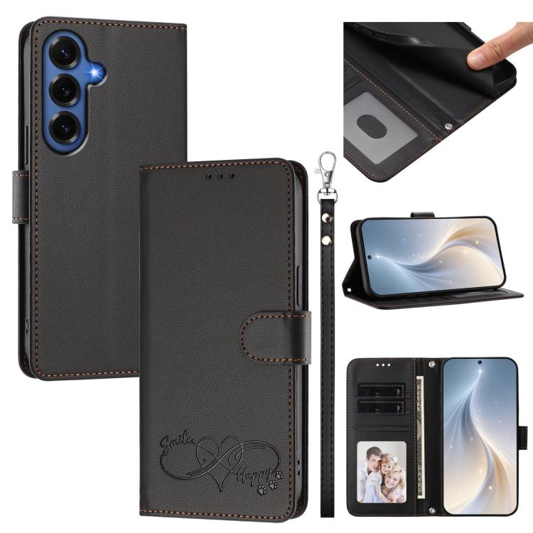 Custodia per telefono in ecopelle con chiusura magnetica e cinturino da polso, con motivo a cuoricini felici., For Galaxy S26 FE 5G, For Galaxy S26+ 5G