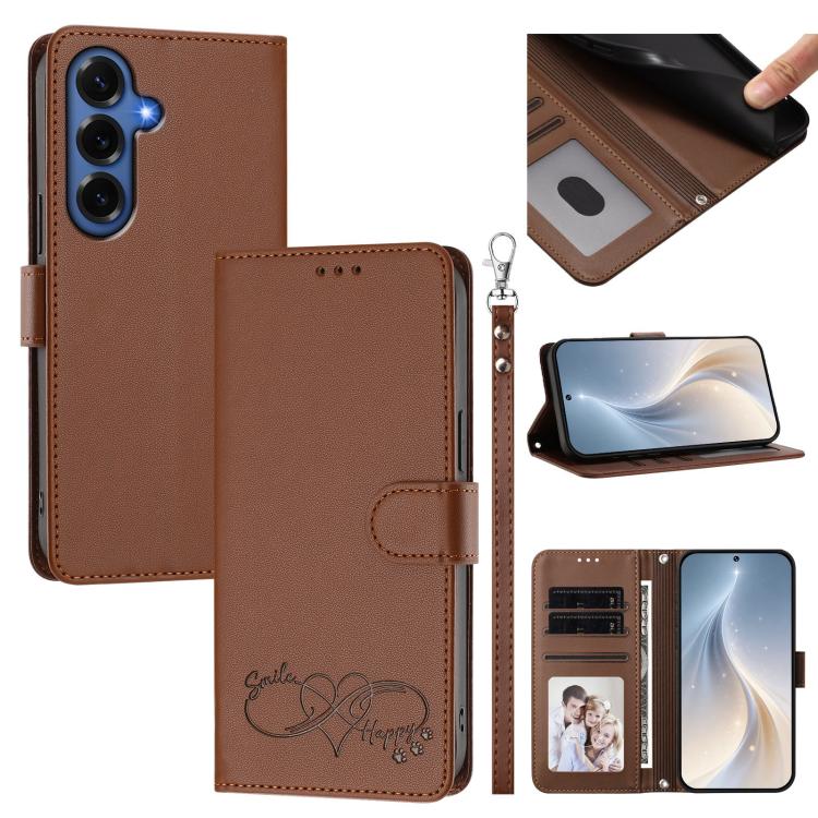 Custodia per telefono in ecopelle con chiusura magnetica e cinturino da polso, con motivo a cuoricini felici., For Galaxy S26 FE 5G, For Galaxy S26+ 5G