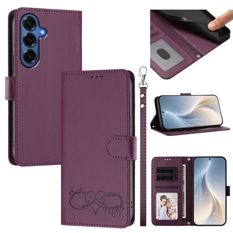 Custodia per telefono in ecopelle con chiusura magnetica e cinturino da polso, con motivo a cuoricini felici., For Galaxy S26 FE 5G, For Galaxy S26+ 5G