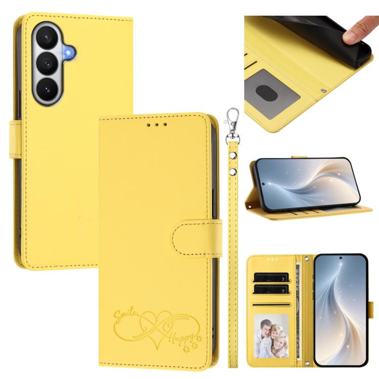 Custodia per telefono in ecopelle con chiusura magnetica e cinturino da polso, con motivo a cuoricini felici., For Galaxy S26 5G, For Galaxy S25 FE 5G