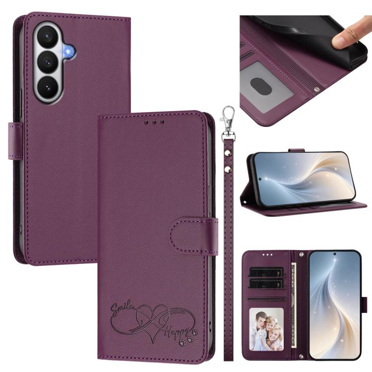 Custodia per telefono in ecopelle con chiusura magnetica e cinturino da polso, con motivo a cuoricini felici., For Galaxy S26 5G, For Galaxy S25 FE 5G