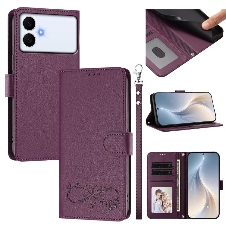 Custodia per telefono in ecopelle con chiusura magnetica e cinturino da polso, con motivo a cuoricini felici., For Galaxy S26 Edge 5G, For Galaxy S26 Ultra 5G