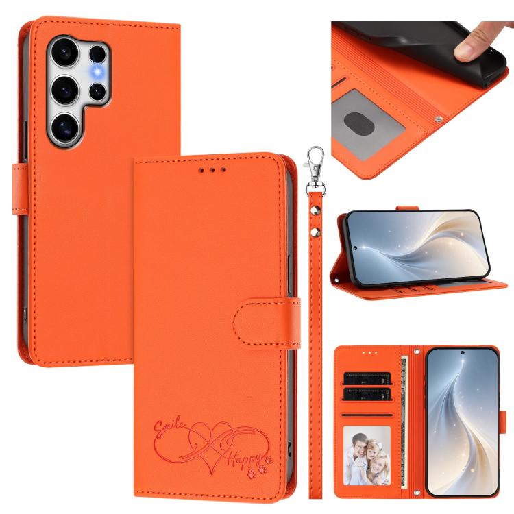 Custodia per telefono in ecopelle con chiusura magnetica e cinturino da polso, con motivo a cuoricini felici., For Galaxy S25+ / S24+ 5G, For Galaxy S25 Ultra 5G