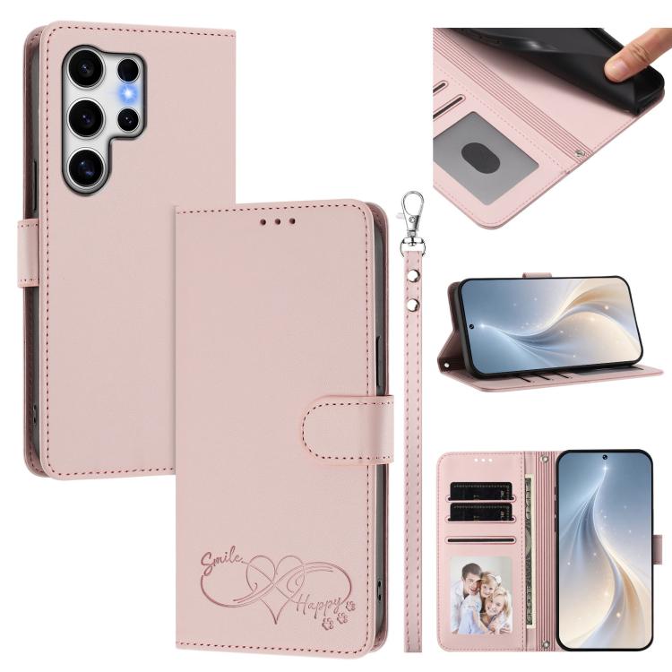 Custodia per telefono in ecopelle con chiusura magnetica e cinturino da polso, con motivo a cuoricini felici., For Galaxy S25+ / S24+ 5G, For Galaxy S25 Ultra 5G