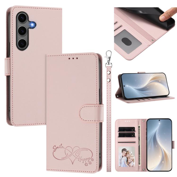 Custodia per telefono in ecopelle con chiusura magnetica e cinturino da polso, con motivo a cuoricini felici., For Galaxy S25+ / S24+ 5G, For Galaxy S25 Ultra 5G