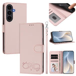 Custodia per telefono in ecopelle con chiusura magnetica e cinturino da polso, con motivo a cuoricini felici., For Galaxy S26 5G, For Galaxy S25 FE 5G