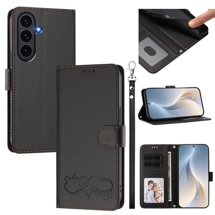 Custodia per telefono in ecopelle con chiusura magnetica e cinturino da polso, con motivo a cuoricini felici., For Galaxy S26 5G, For Galaxy S25 FE 5G