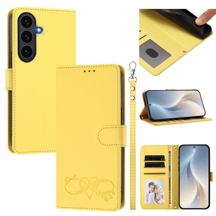 Custodia per telefono in ecopelle con chiusura magnetica e cinturino da polso, con motivo a cuoricini felici., For Galaxy S26 5G, For Galaxy S25 FE 5G