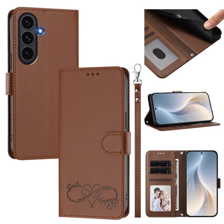 Custodia per telefono in ecopelle con chiusura magnetica e cinturino da polso, con motivo a cuoricini felici., For Galaxy S26 5G, For Galaxy S25 FE 5G