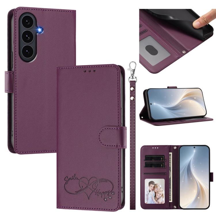 Custodia per telefono in ecopelle con chiusura magnetica e cinturino da polso, con motivo a cuoricini felici., For Galaxy S26 5G, For Galaxy S25 FE 5G