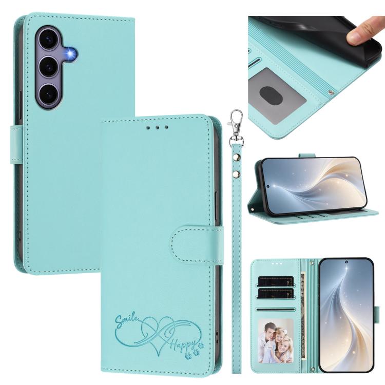 Custodia per telefono in ecopelle con chiusura magnetica e cinturino da polso, con motivo a cuoricini felici., For Galaxy S25 Edge 5G, For Galaxy S25 / S24 5G