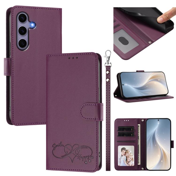 Custodia per telefono in ecopelle con chiusura magnetica e cinturino da polso, con motivo a cuoricini felici., For Galaxy S25 Edge 5G, For Galaxy S25 / S24 5G