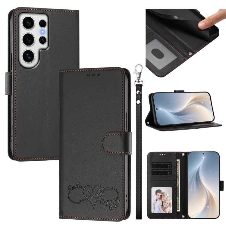 Custodia per telefono in ecopelle con chiusura magnetica e cinturino da polso, con motivo a cuoricini felici., For Galaxy S24 FE 5G, For Galaxy S24 Ultra 5G