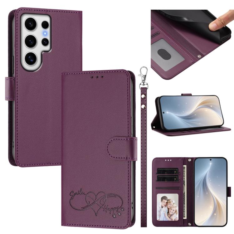 Custodia per telefono in ecopelle con chiusura magnetica e cinturino da polso, con motivo a cuoricini felici., For Galaxy S24 FE 5G, For Galaxy S24 Ultra 5G