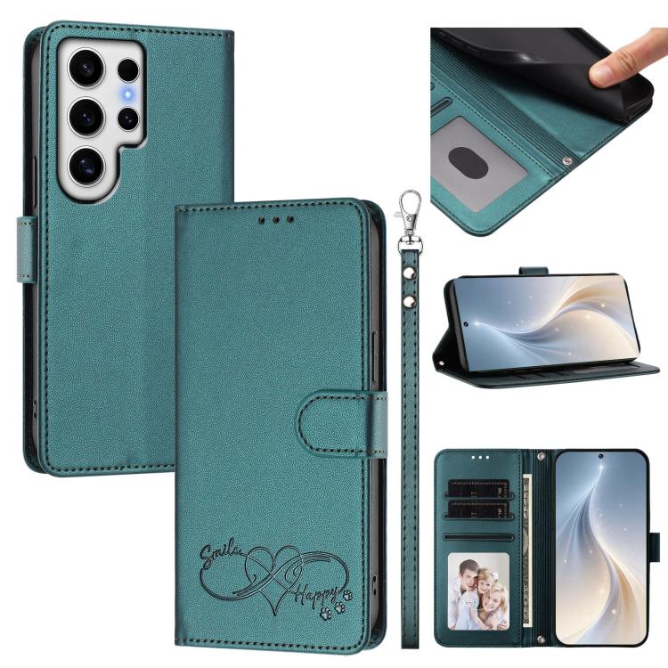 Custodia per telefono in ecopelle con chiusura magnetica e cinturino da polso, con motivo a cuoricini felici., For Galaxy S24 FE 5G, For Galaxy S24 Ultra 5G