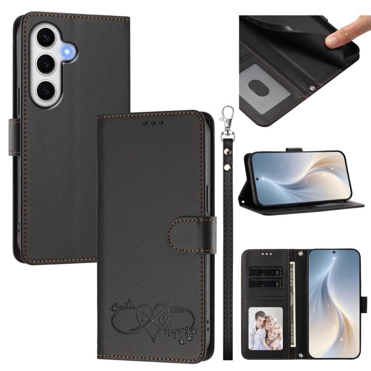 Custodia per telefono in ecopelle con chiusura magnetica e cinturino da polso, con motivo a cuoricini felici., For Galaxy S24 FE 5G, For Galaxy S24 Ultra 5G