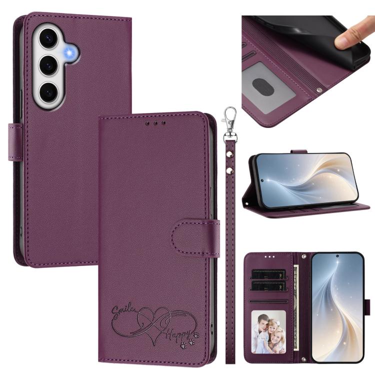 Custodia per telefono in ecopelle con chiusura magnetica e cinturino da polso, con motivo a cuoricini felici., For Galaxy S24 FE 5G, For Galaxy S24 Ultra 5G