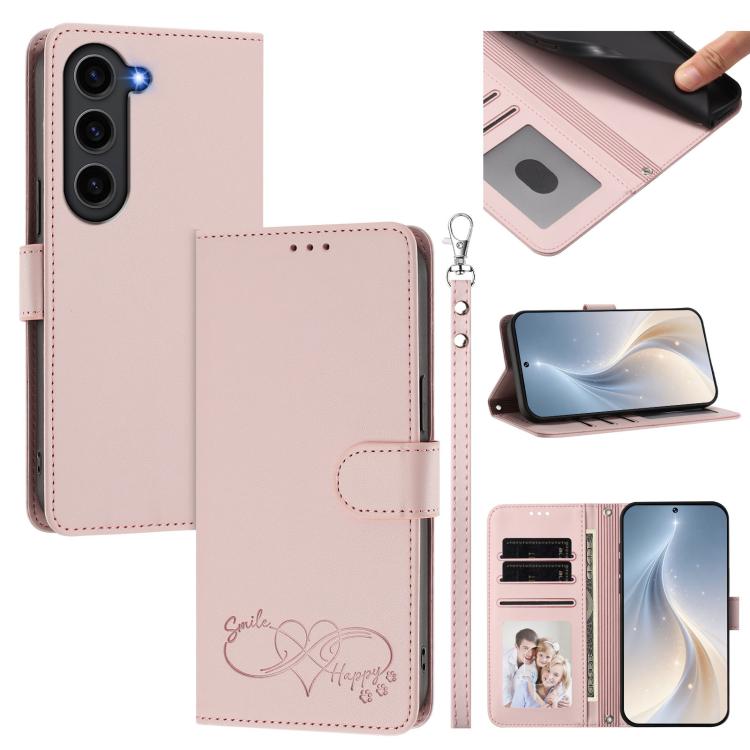 Custodia per telefono in ecopelle con chiusura magnetica e cinturino da polso, con motivo a cuoricini felici., For Galaxy S23 FE 5G, For Galaxy S23 Ultra 5G