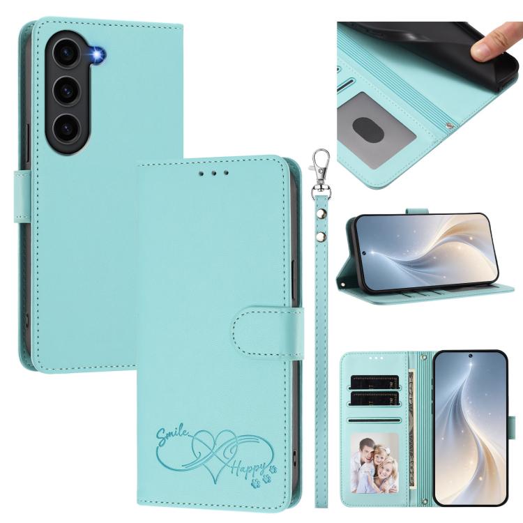 Custodia per telefono in ecopelle con chiusura magnetica e cinturino da polso, con motivo a cuoricini felici., For Galaxy S23+ 5G, For Galaxy S23 5G
