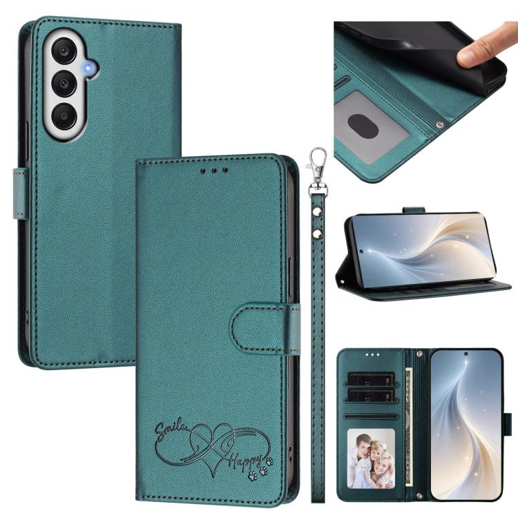 Custodia per telefono in ecopelle con chiusura magnetica e cinturino da polso, con motivo a cuoricini felici., For Galaxy A05s 4G / F14 4G, For Galaxy M35 5G