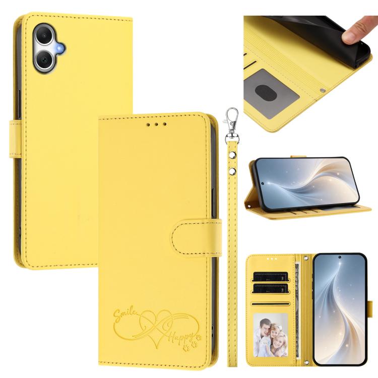 Custodia per telefono in ecopelle con chiusura magnetica e cinturino da polso, con motivo a cuoricini felici., For Galaxy A06 4G / 5G, For Galaxy A56 5G / A36 5G