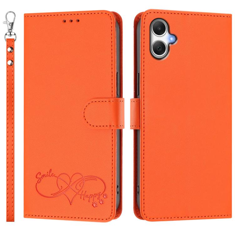 Custodia per telefono in ecopelle con chiusura magnetica e cinturino da polso, con motivo a cuoricini felici., For Galaxy A07 4G / A06 4G / 5G, For Galaxy M56 5G