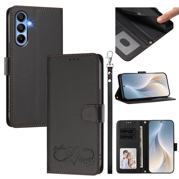 Custodia per telefono in ecopelle con chiusura magnetica e cinturino da polso, con motivo a cuoricini felici., For Galaxy A15 4G / 5G, For Galaxy A55 5G