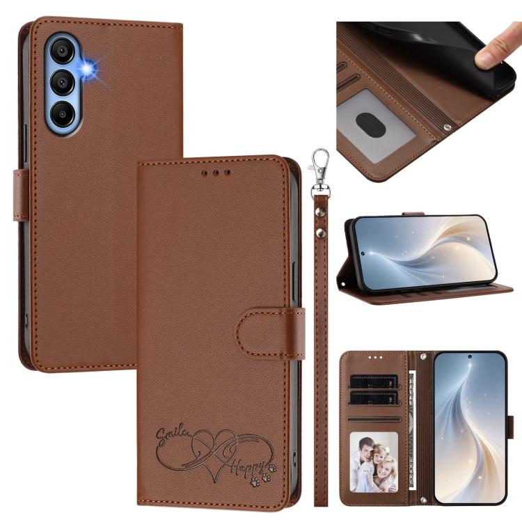 Custodia per telefono in ecopelle con chiusura magnetica e cinturino da polso, con motivo a cuoricini felici., For Galaxy A15 4G / 5G, For Galaxy A55 5G