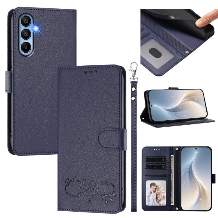 Custodia per telefono in ecopelle con chiusura magnetica e cinturino da polso, con motivo a cuoricini felici., For Galaxy A15 4G / 5G, For Galaxy A55 5G