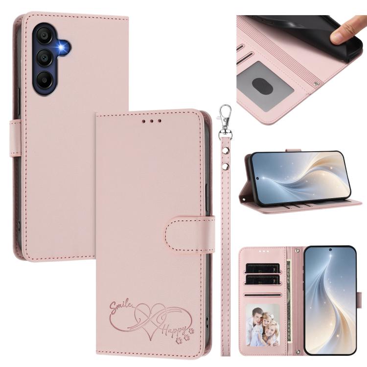 Custodia per telefono in ecopelle con chiusura magnetica e cinturino da polso, con motivo a cuoricini felici., For Galaxy A05 / M05 / F05 4G, For Galaxy A16 4G / 5G