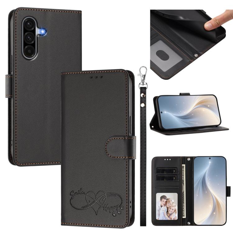 Custodia per telefono in ecopelle con chiusura magnetica e cinturino da polso, con motivo a cuoricini felici., For Galaxy M36 5G, For Galaxy A17 4G / 5G / A26 5G
